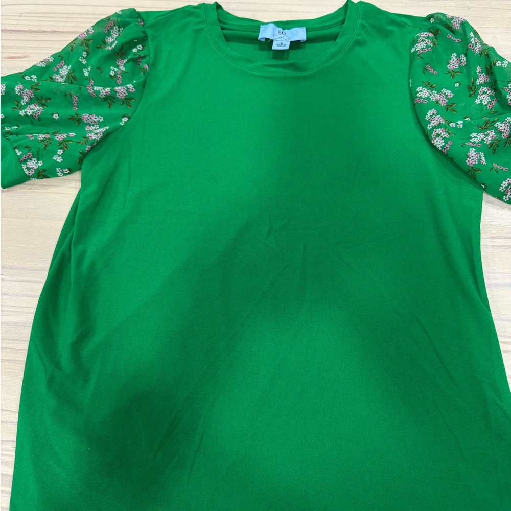 CeCe Green Floral Puff-Sleeve Blouse